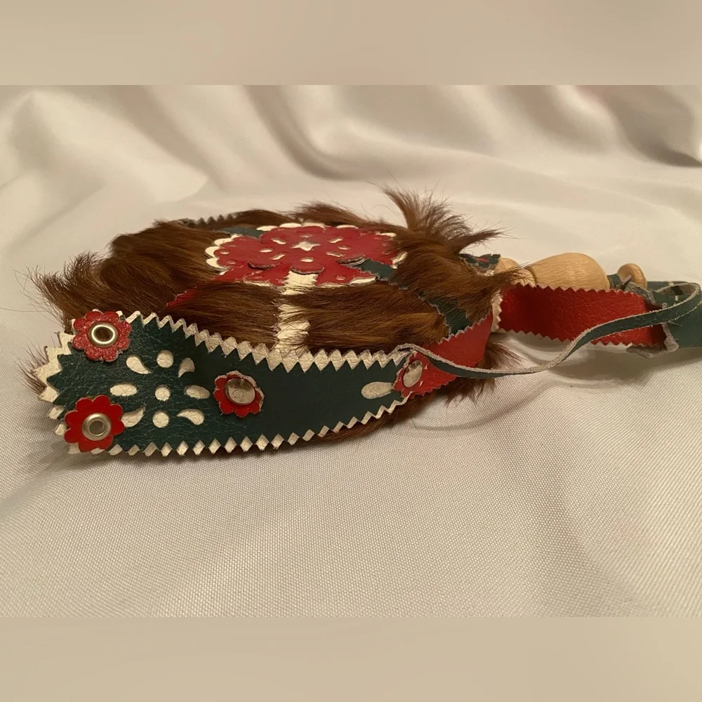 Vintage Hungarian Handmade Genuine Fur, Leather Wood Wrapped Wine Decanter Flask
